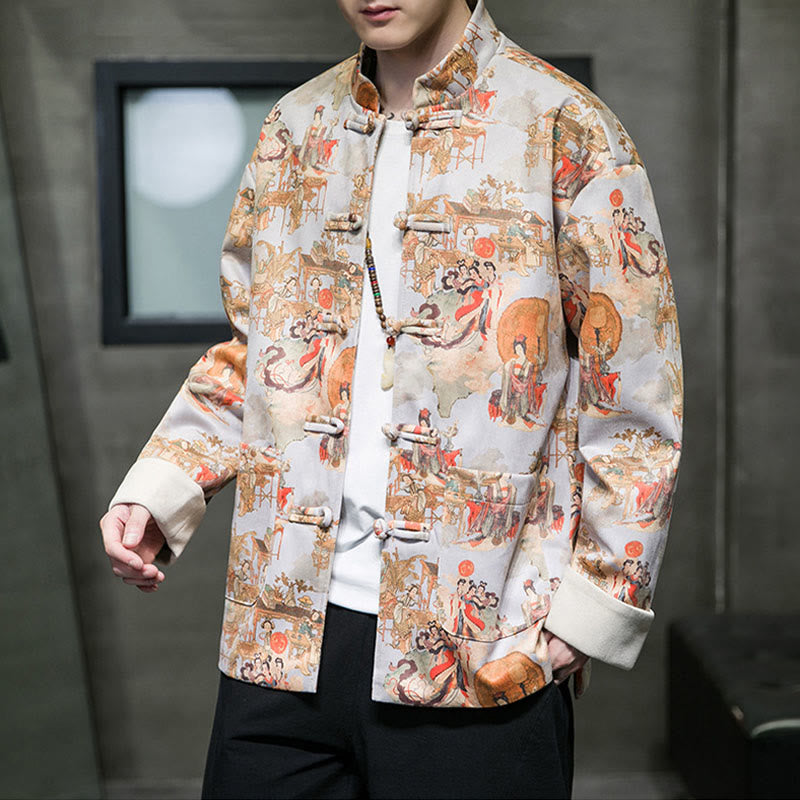 Buddha Stones Chińskie ubrania noworoczne Starożytne malowanie postaci Jednolity kolor mankiet Żaba-guzik Tang Suit Bawełniana męska kurtka koszula z kieszeniami - image 21