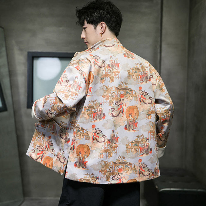 Buddha Stones Chińskie ubrania noworoczne Starożytne malowanie postaci Jednolity kolor mankiet Żaba-guzik Tang Suit Bawełniana męska kurtka koszula z kieszeniami - image 19