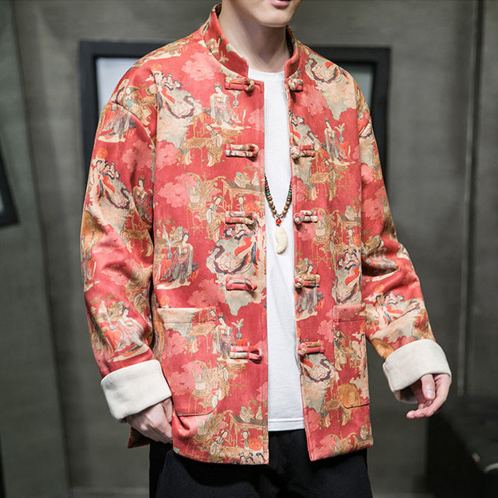 Buddha Stones Chińskie ubrania noworoczne Starożytne malowanie postaci Jednolity kolor mankiet Żaba-guzik Tang Suit Bawełniana męska kurtka koszula z kieszeniami - image 3