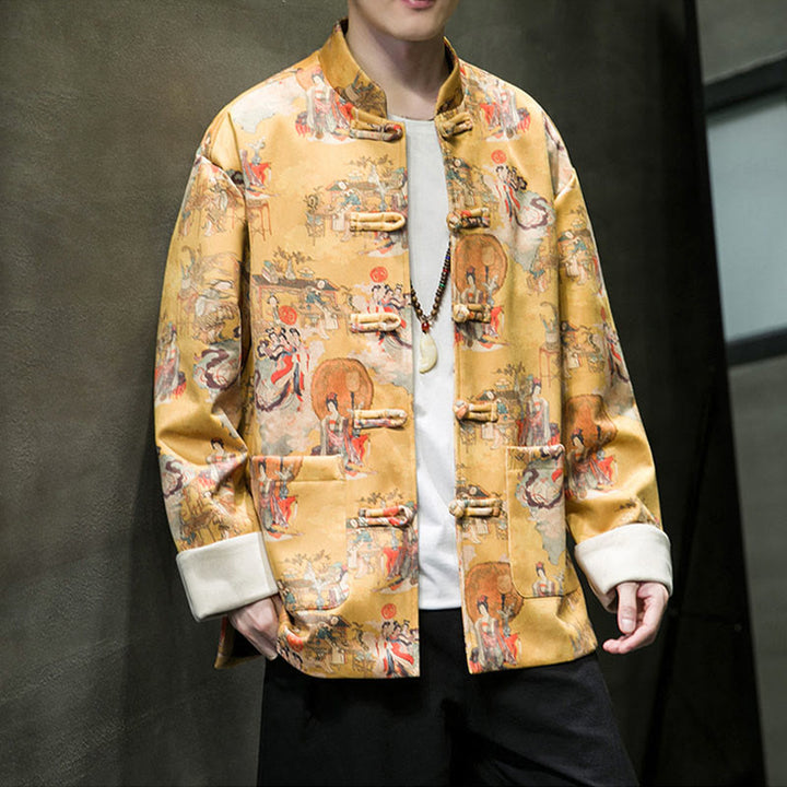 Buddha Stones Chińskie ubrania noworoczne Starożytne malowanie postaci Jednolity kolor mankiet Żaba-guzik Tang Suit Bawełniana męska kurtka koszula z kieszeniami - image 13