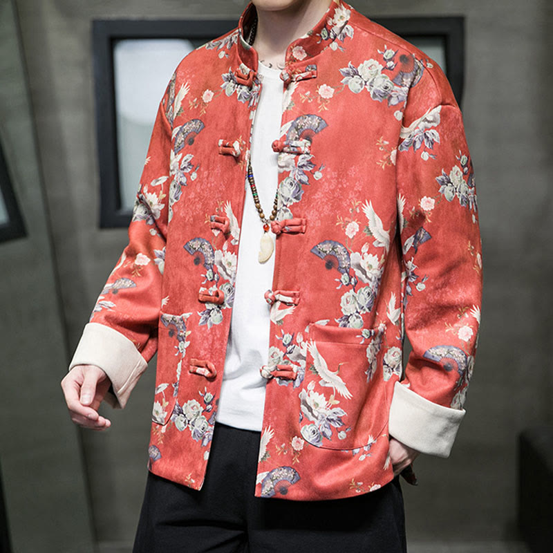 Buddha Stones Chiński Nowy Rok Ubrania Kwiaty Fan Ptaki Żaba-guzik Tang Garnitur Bawełna Męska Kurtka Koszula Z Kieszeniami - image 1