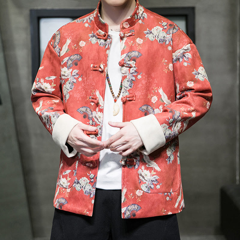 Buddha Stones Chiński Nowy Rok Ubrania Kwiaty Fan Ptaki Żaba-guzik Tang Garnitur Bawełna Męska Kurtka Koszula Z Kieszeniami - image 2