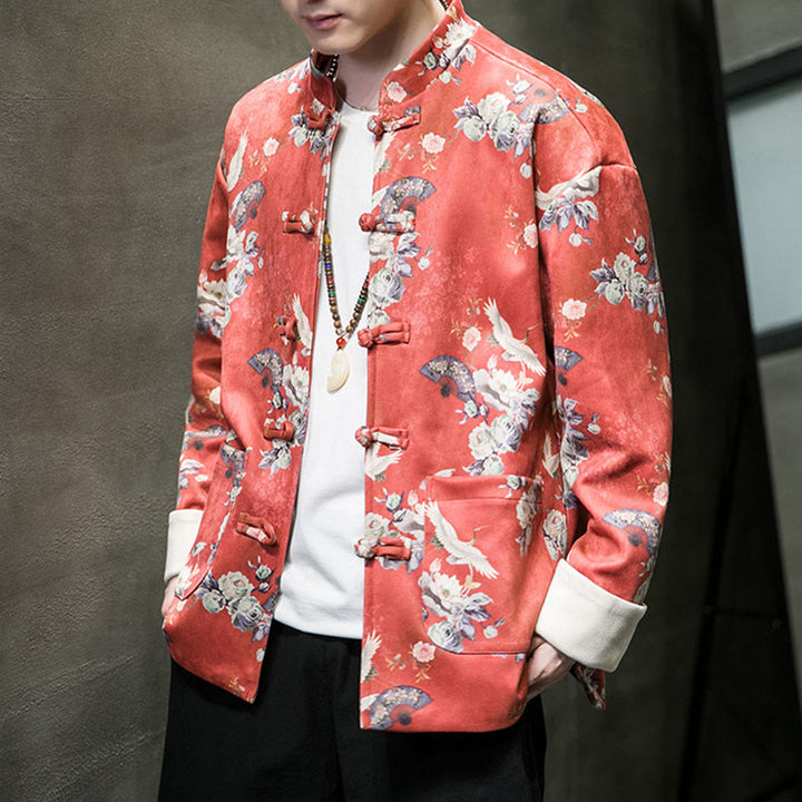 Buddha Stones Chiński Nowy Rok Ubrania Kwiaty Fan Ptaki Żaba-guzik Tang Garnitur Bawełna Męska Kurtka Koszula Z Kieszeniami - image 5