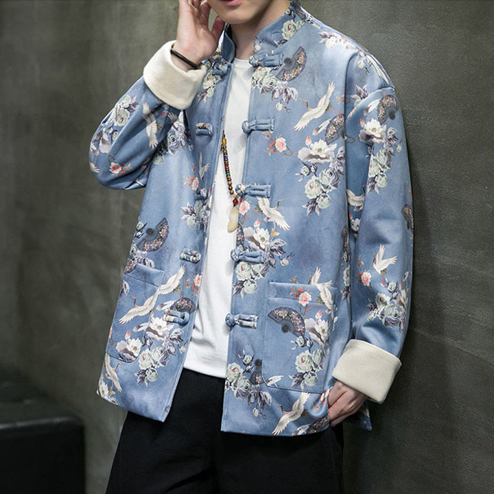 Buddha Stones Chiński Nowy Rok Ubrania Kwiaty Fan Ptaki Żaba-guzik Tang Garnitur Bawełna Męska Kurtka Koszula Z Kieszeniami - image 11