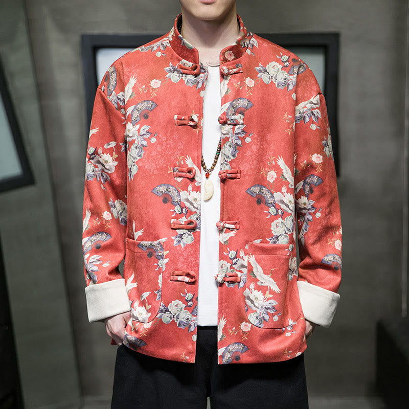 Buddha Stones Chiński Nowy Rok Ubrania Kwiaty Fan Ptaki Żaba-guzik Tang Garnitur Bawełna Męska Kurtka Koszula Z Kieszeniami - Pomarańczowo-czerwony - US/UK/AU46， EU56 (5XL) - image 0