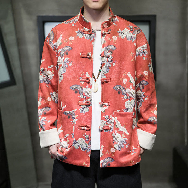 Buddha Stones Chiński Nowy Rok Ubrania Kwiaty Fan Ptaki Żaba-guzik Tang Garnitur Bawełna Męska Kurtka Koszula Z Kieszeniami - Pomarańczowo-czerwony - US/UK/AU46， EU56 (5XL) - image 0