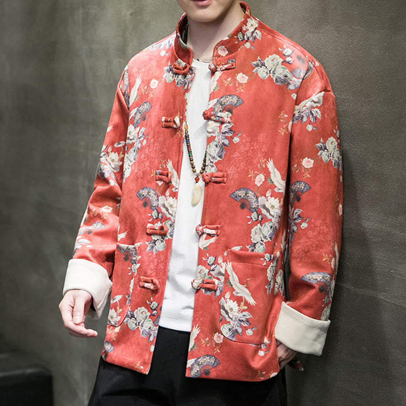 Buddha Stones Chiński Nowy Rok Ubrania Kwiaty Fan Ptaki Żaba-guzik Tang Garnitur Bawełna Męska Kurtka Koszula Z Kieszeniami - image 3