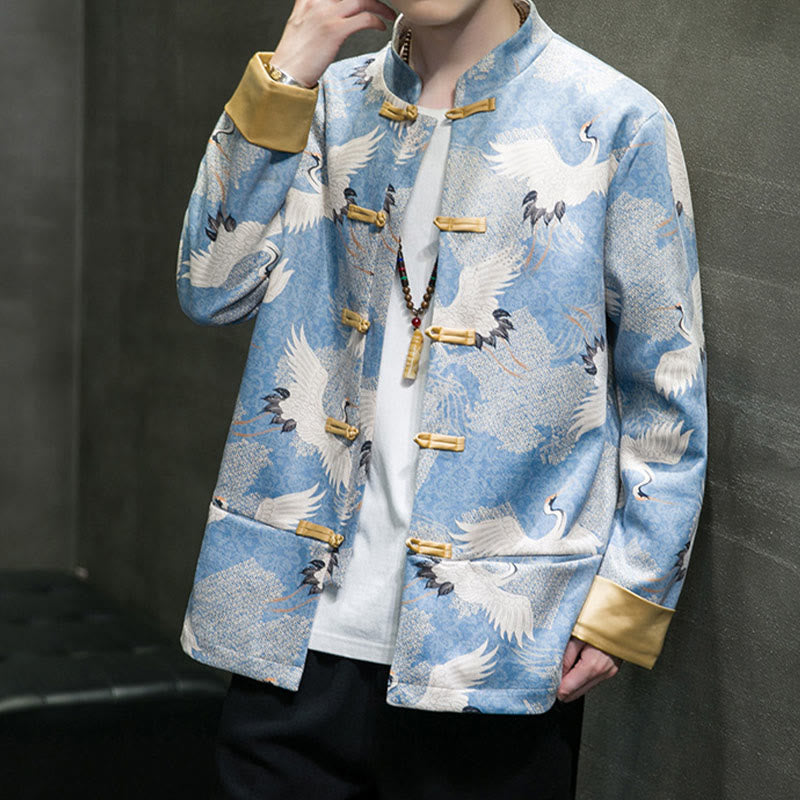 Buddha Stones Chińskie Noworoczne Ubrania Biały Żuraw Złoty Żaba-guzik Garnitur Tang Bawełniana Męska Kurtka Koszula Z Kieszeniami - image 4