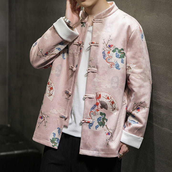 Buddha Stones Chiński Nowy Rok Ubrania Kwiaty Smok Wachlarz Pomyślne Chmury Żaba-guzik Tang Garnitur Bawełna Męska Kurtka Koszula  - image 2