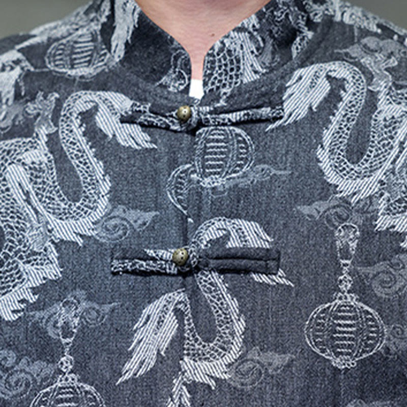 Buddha Stones Chiński Nowy Rok Haft Żakardowy Smok Latarnia Żaba-guzik Garnitur Tang Bawełna Męska Kurtka Koszula Z Kieszeniami