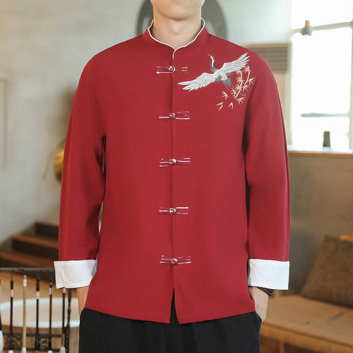 Buddha Stones Chiński Nowy Rok Latający Żuraw Haft Żaba-guzik Tang Suit Bawełniana męska Kurtka Koszula - Karmazynowy - US/UK/AU46， EU56 (5XL) - image 0