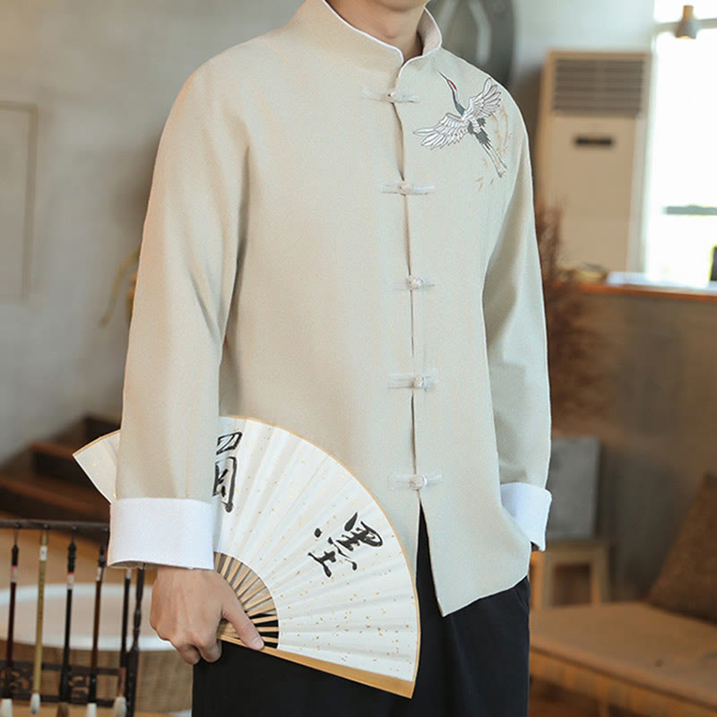 Buddha Stones Chiński Nowy Rok Latający Żuraw Haft Żaba-guzik Tang Suit Bawełniana męska Kurtka Koszula - image 18