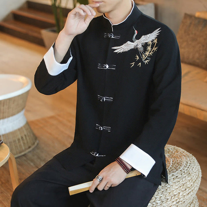 Buddha Stones Chiński Nowy Rok Latający Żuraw Haft Żaba-guzik Tang Suit Bawełniana męska Kurtka Koszula - image 12