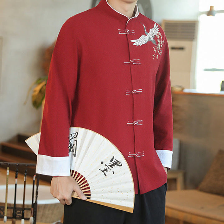Buddha Stones Chiński Nowy Rok Latający Żuraw Haft Żaba-guzik Tang Suit Bawełniana męska Kurtka Koszula - image 8