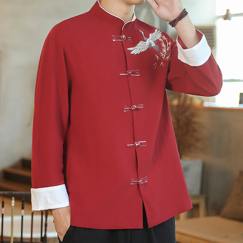 Buddha Stones Chiński Nowy Rok Latający Żuraw Haft Żaba-guzik Tang Suit Bawełniana męska Kurtka Koszula - image 7