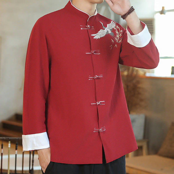 Buddha Stones Chiński Nowy Rok Latający Żuraw Haft Żaba-guzik Tang Suit Bawełniana męska Kurtka Koszula - image 7