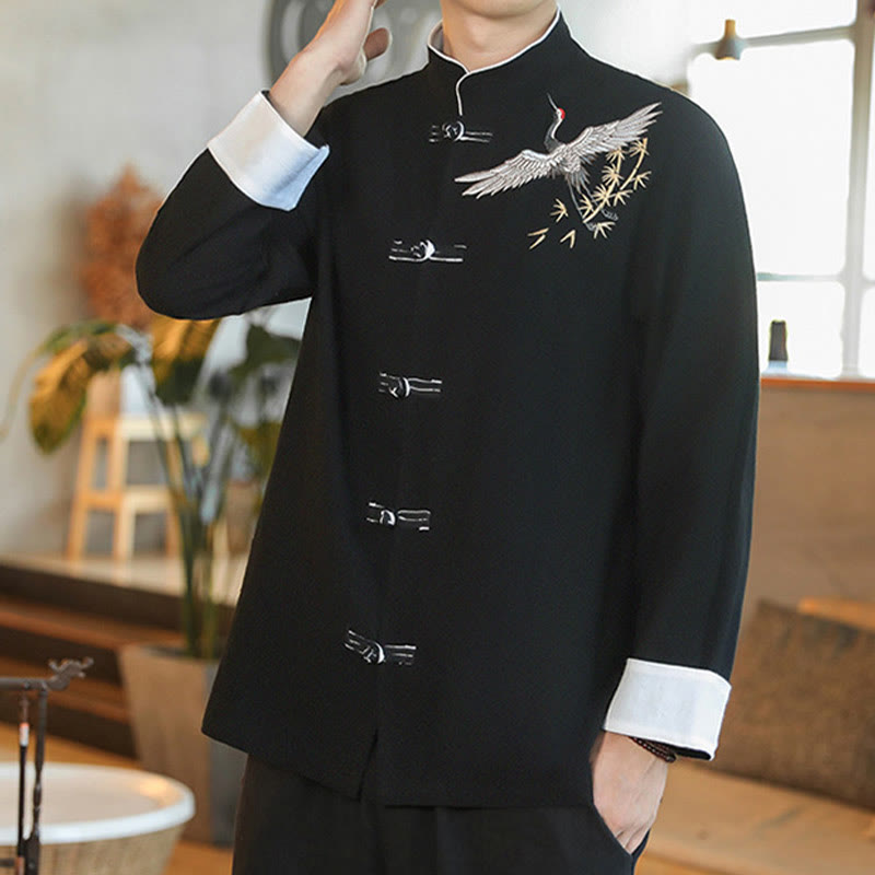 Buddha Stones Chiński Nowy Rok Latający Żuraw Haft Żaba-guzik Tang Suit Bawełniana męska Kurtka Koszula - image 11