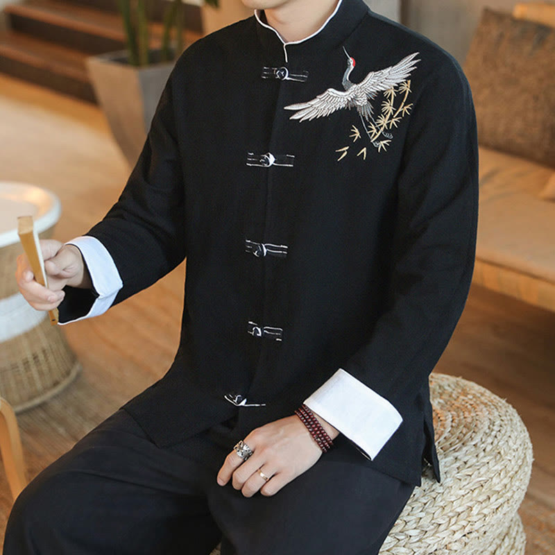 Buddha Stones Chiński Nowy Rok Latający Żuraw Haft Żaba-guzik Tang Suit Bawełniana męska Kurtka Koszula - image 13
