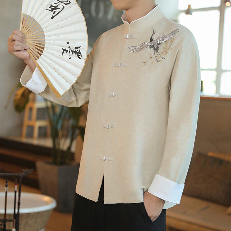 Buddha Stones Chiński Nowy Rok Latający Żuraw Haft Żaba-guzik Tang Suit Bawełniana męska Kurtka Koszula - image 22