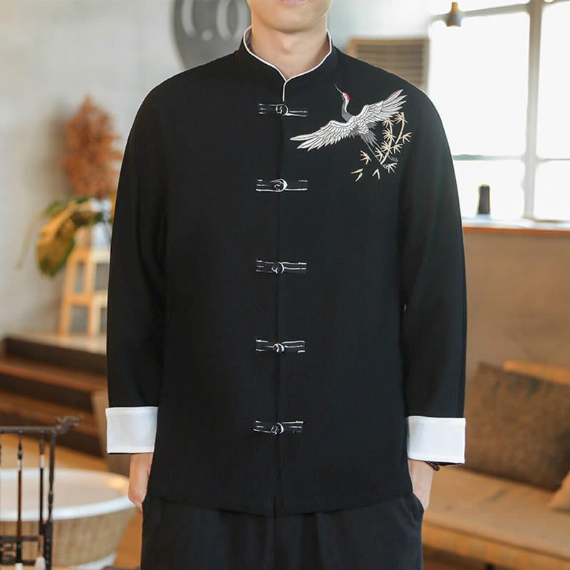 Buddha Stones Chiński Nowy Rok Latający Żuraw Haft Żaba-guzik Tang Suit Bawełniana męska Kurtka Koszula - Czarny - US/UK/AU46， EU56 (5XL) - image 10