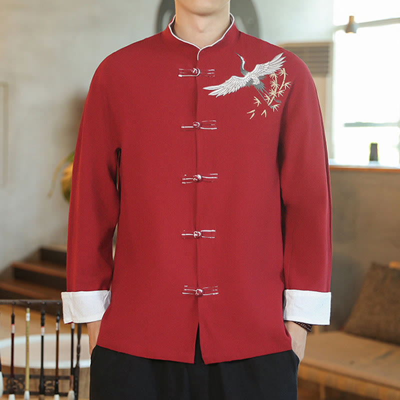 Buddha Stones Chiński Nowy Rok Latający Żuraw Haft Żaba-guzik Tang Suit Bawełniana męska Kurtka Koszula - image 2