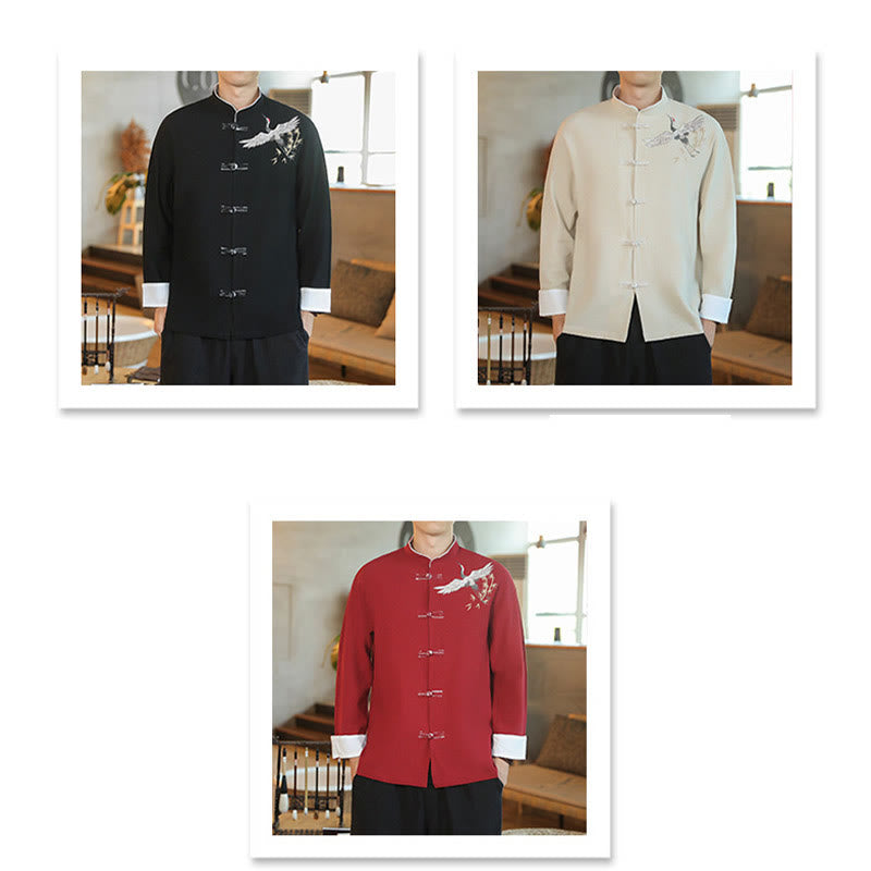 Buddha Stones Chiński Nowy Rok Latający Żuraw Haft Żaba-guzik Tang Suit Bawełniana męska Kurtka Koszula - image 1