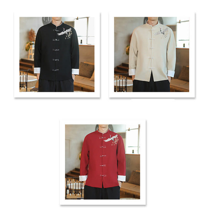 Buddha Stones Chiński Nowy Rok Latający Żuraw Haft Żaba-guzik Tang Suit Bawełniana męska Kurtka Koszula - image 1