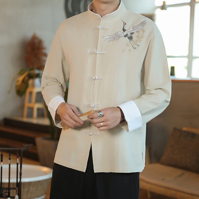 Buddha Stones Chiński Nowy Rok Latający Żuraw Haft Żaba-guzik Tang Suit Bawełniana męska Kurtka Koszula - image 17