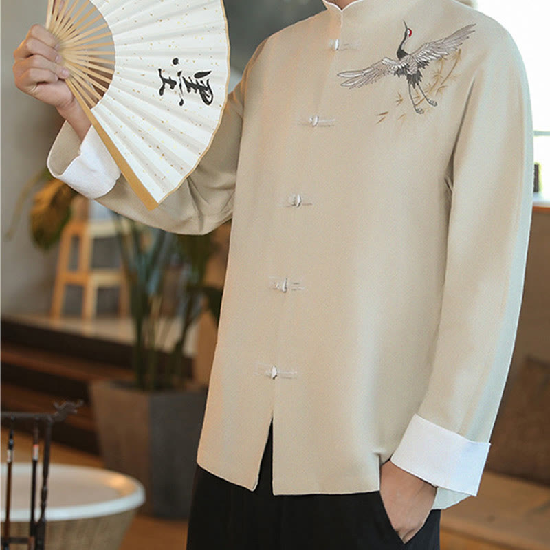 Buddha Stones Chiński Nowy Rok Latający Żuraw Haft Żaba-guzik Tang Suit Bawełniana męska Kurtka Koszula - image 24