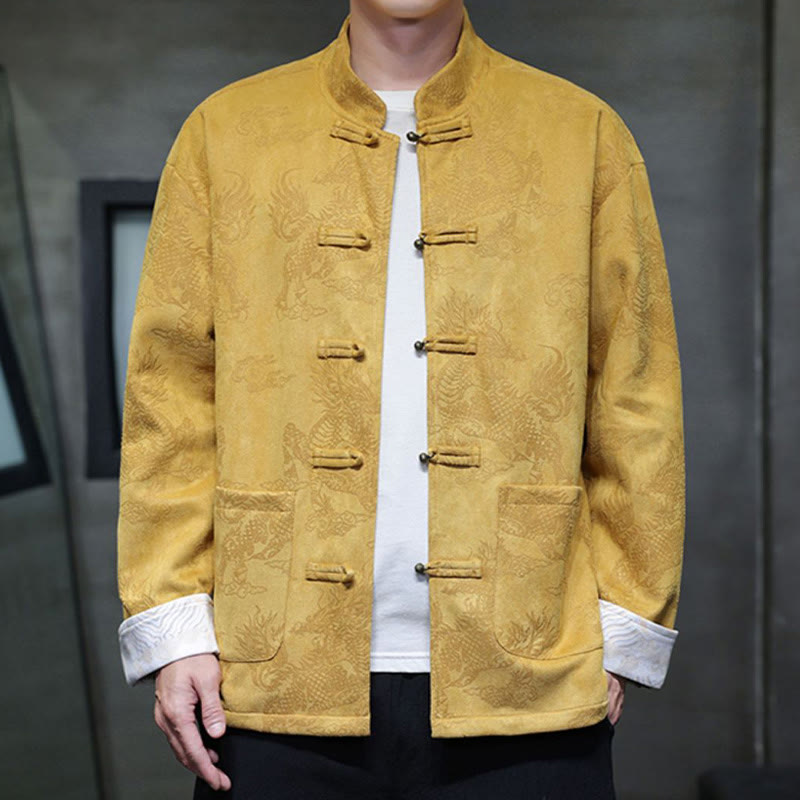 Buddha Stones Chiński Nowy Rok Kirin Print Żaba-guzik Tang Suit Męska Kurtka Koszula Z Kieszeniami - Żółty - US/UK/AU46， EU56 (5XL) - image 1