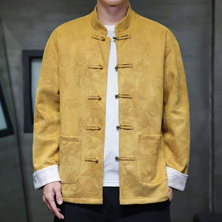 Buddha Stones Chiński Nowy Rok Kirin Print Żaba-guzik Tang Suit Męska Kurtka Koszula Z Kieszeniami - Żółty - US/UK/AU46， EU56 (5XL) - image 1