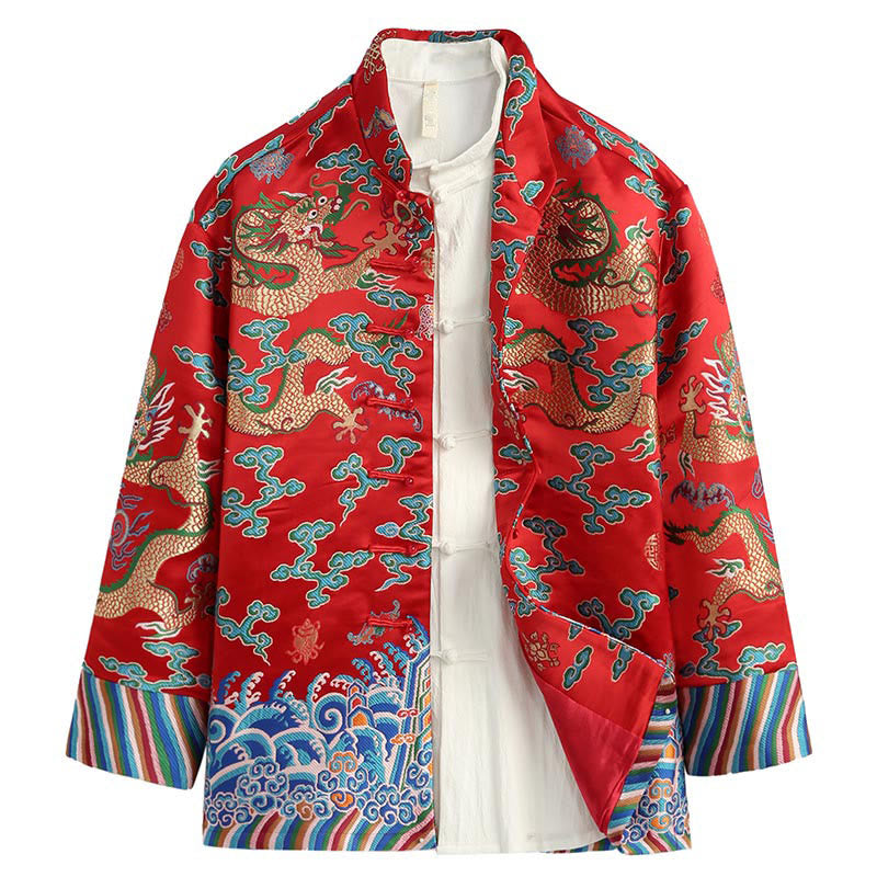 Buddha Stones Chiński Nowy Rok Smok Haft Pomyślne Chmury Żaba-guzik Tang Garnitur Męska Kurtka Koszula - Czerwony - US/UK/AU44， EU54 (4XL) - image 0