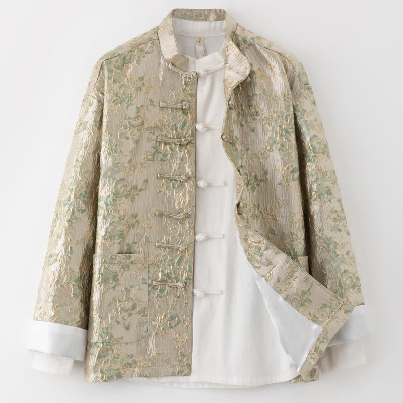 Buddha Stones Chiński Nowy Rok Żakard Haft Żabka-guzik Garnitur Tang Męska Kurtka Koszula Z Kieszeniami - Pszenica - US/UK/AU44， EU54 (4XL) - image 9