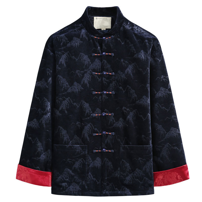 Buddha Stones Chiński Nowy Rok Krajobraz Druk Ręcznie Żaba-guzik Tang Suit Męska Kurtka Koszula Z Kieszeniami - MidnightBlue - US/UK/AU44， EU54 (4XL) - image 4