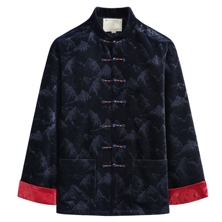 Buddha Stones Chiński Nowy Rok Krajobraz Druk Ręcznie Żaba-guzik Tang Suit Męska Kurtka Koszula Z Kieszeniami - MidnightBlue - US/UK/AU44， EU54 (4XL) - image 4