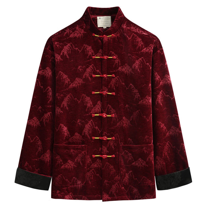 Buddha Stones Chiński Nowy Rok Krajobraz Druk Ręcznie Żaba-guzik Tang Suit Męska Kurtka Koszula Z Kieszeniami - Cegła ogniotrwała - US/UK/AU44， EU54 (4XL) - image 0