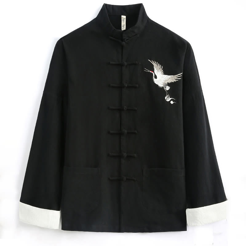 Buddha Stones Chiński Nowy Rok Żuraw Haft Tang Garnitur Hanfu Długi Rękaw Spodnie Odzież Bawełna Len Męski Zestaw Z Kieszeniami - image 1