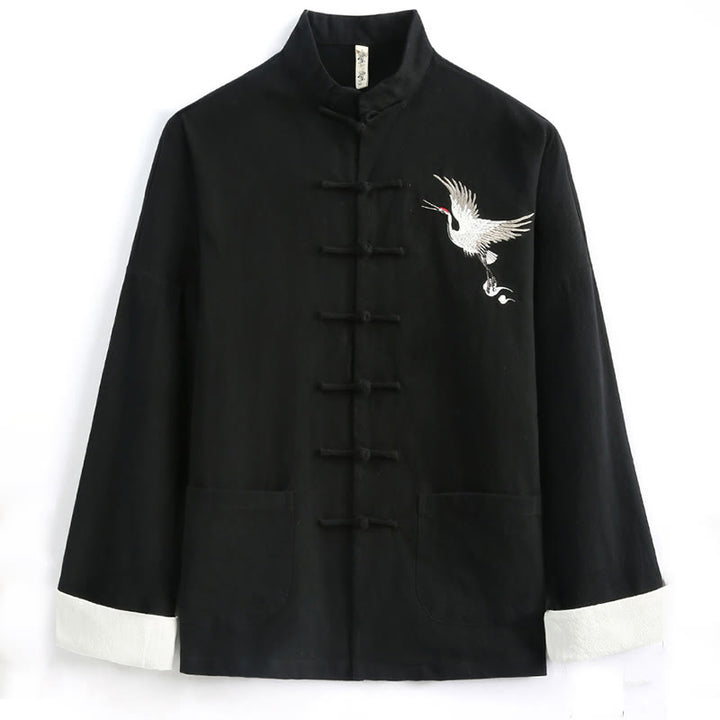 Buddha Stones Chiński Nowy Rok Żuraw Haft Tang Garnitur Hanfu Długi Rękaw Spodnie Odzież Bawełna Len Męski Zestaw Z Kieszeniami - image 1