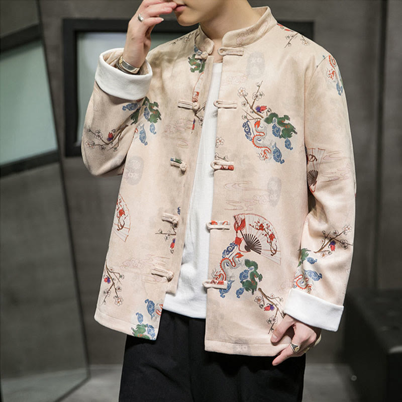 Buddha Stones Chiński Nowy Rok Ubrania Kwiaty Smok Wachlarz Pomyślne Chmury Żaba-guzik Tang Garnitur Bawełna Męska Kurtka Koszula  - image 9