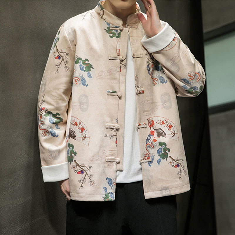 Buddha Stones Chiński Nowy Rok Ubrania Kwiaty Smok Wachlarz Pomyślne Chmury Żaba-guzik Tang Garnitur Bawełna Męska Kurtka Koszula  - image 8