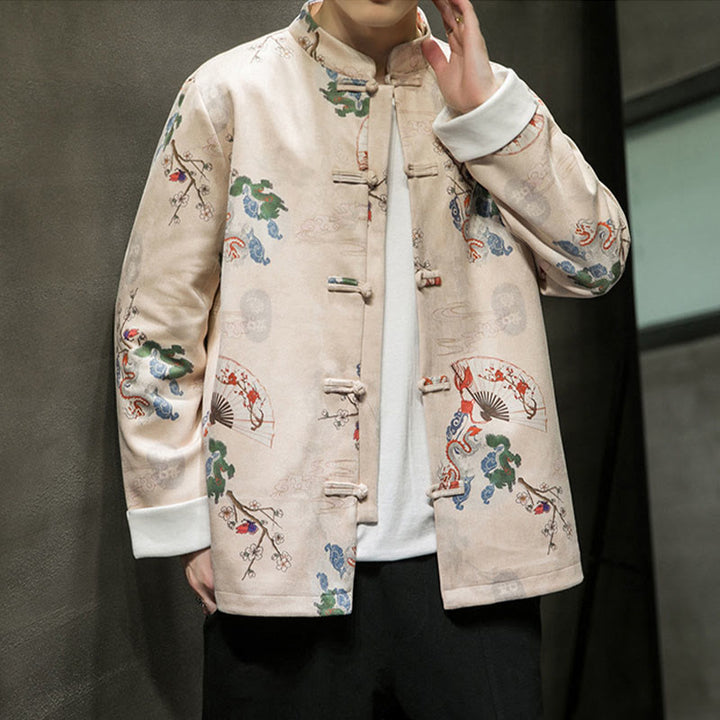 Buddha Stones Chiński Nowy Rok Ubrania Kwiaty Smok Wachlarz Pomyślne Chmury Żaba-guzik Tang Garnitur Bawełna Męska Kurtka Koszula  - image 8
