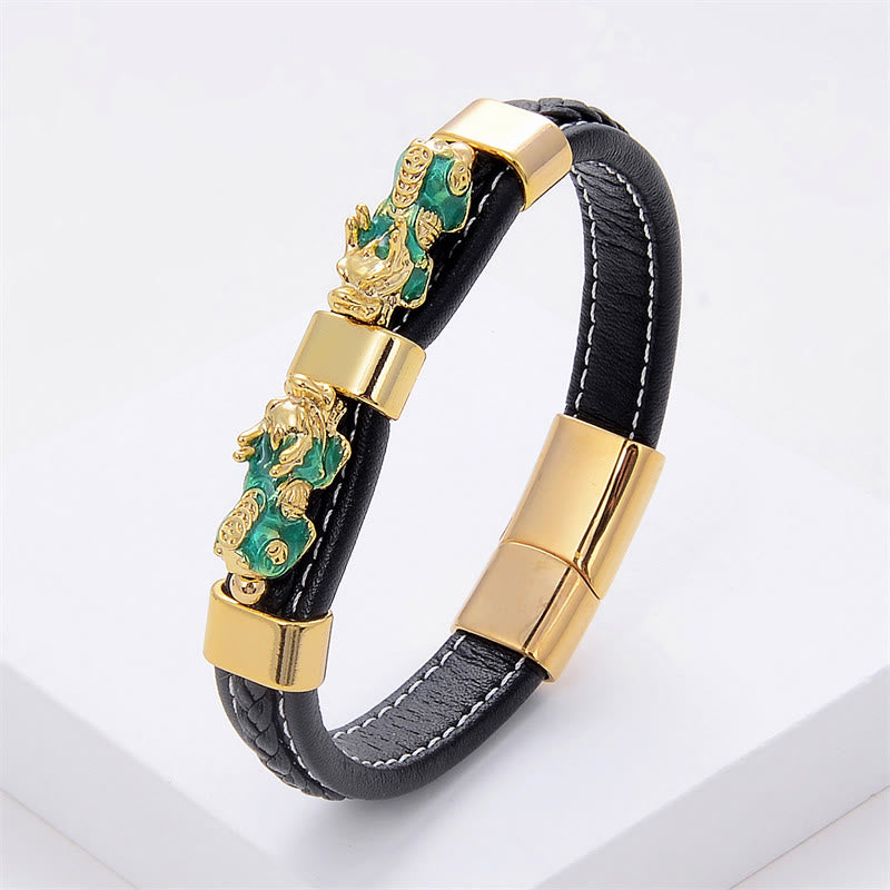Bransoletka ze skóry z zapięciem magnetycznym i podwójnym zapięciami PiXiu Wealth Luck z Buddha Stones - Zielony PiXiu - 18-22 cm - image 3