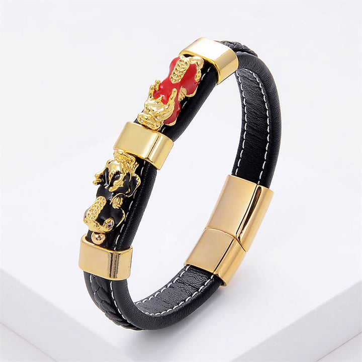 Bransoletka ze skóry z zapięciem magnetycznym i podwójnym zapięciami PiXiu Wealth Luck z Buddha Stones - Czerwony Czarny PiXiu - 18-22 cm - image 4