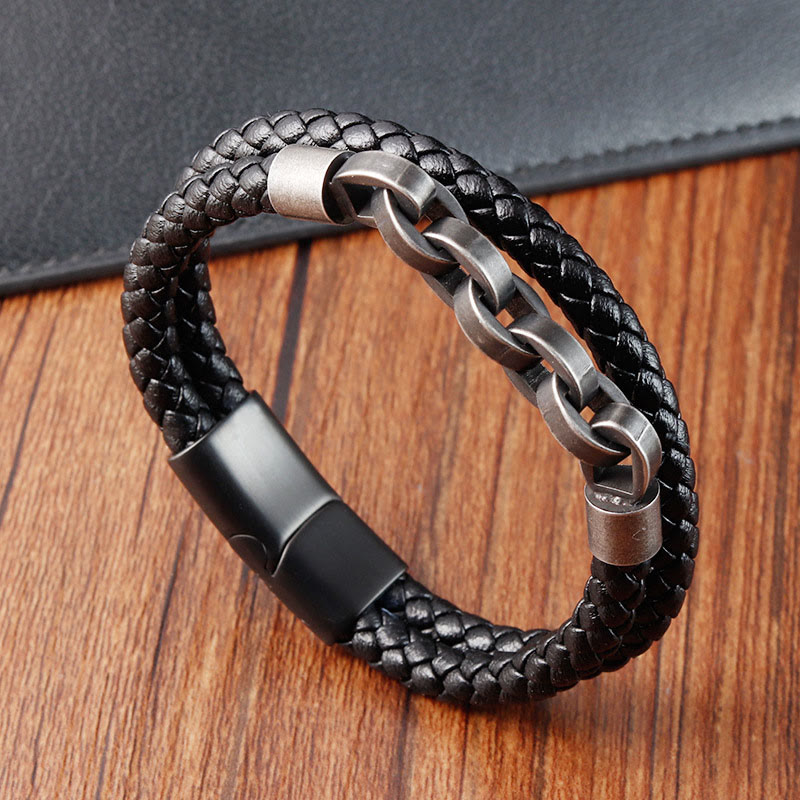 Bransoletka z łańcuchem Buddha Stones ze stali tytanowej Balance ze skóry plecionej z klamrą - Podwójna warstwa (obwód nadgarstka 17-19 cm) - image 0