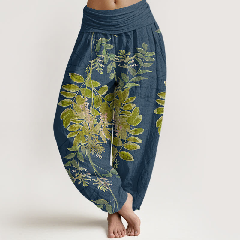 Damskie spodnie haremowe z elastyczną talią i bawełnianymi zielonymi liśćmi i gałęziami w kształcie Buddha Stones - MidnightBlue - US22, UK/AU26, EU54 (6XL) - image 7