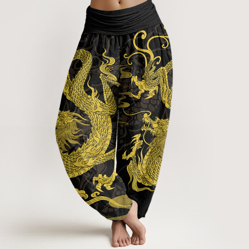 Damskie spodnie haremowe z elastyczną talią i bawełnianymi smokami w kształcie Buddha Stones - Czarny - US22, UK/AU26, EU54 (6XL) - image 0