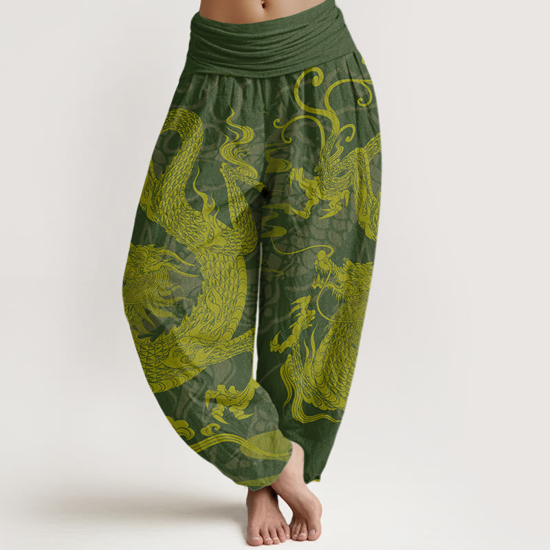 Buddha Stones Smok Pomyślne Chmury Damskie Spodnie Harem Elastyczny Pas - DarkOliveGreen - US22, UK/AU26, EU54 (6XL) - image 5