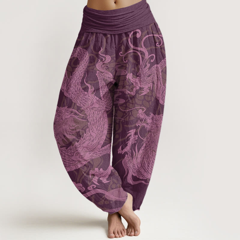 Buddha Stones Smok Pomyślne Chmury Damskie Spodnie Harem Elastyczny Pas - Fioletowy - US22, UK/AU26, EU54 (6XL) - image 8
