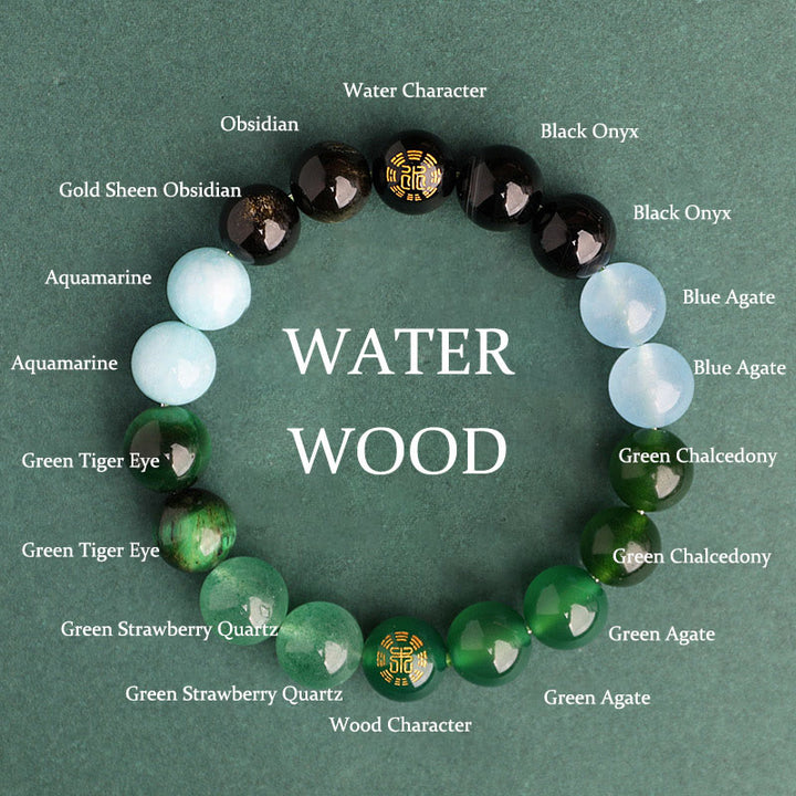 Buddha Stones Bransoletka mądrości z pięciu elementów z różnokolorowego agatu, czarnego onyksu i zielonego chalcedonu z akwamarynem - Drewno Wodne (Obwód nadgarstka: 14-16 cm) - 10 mm - image 0
