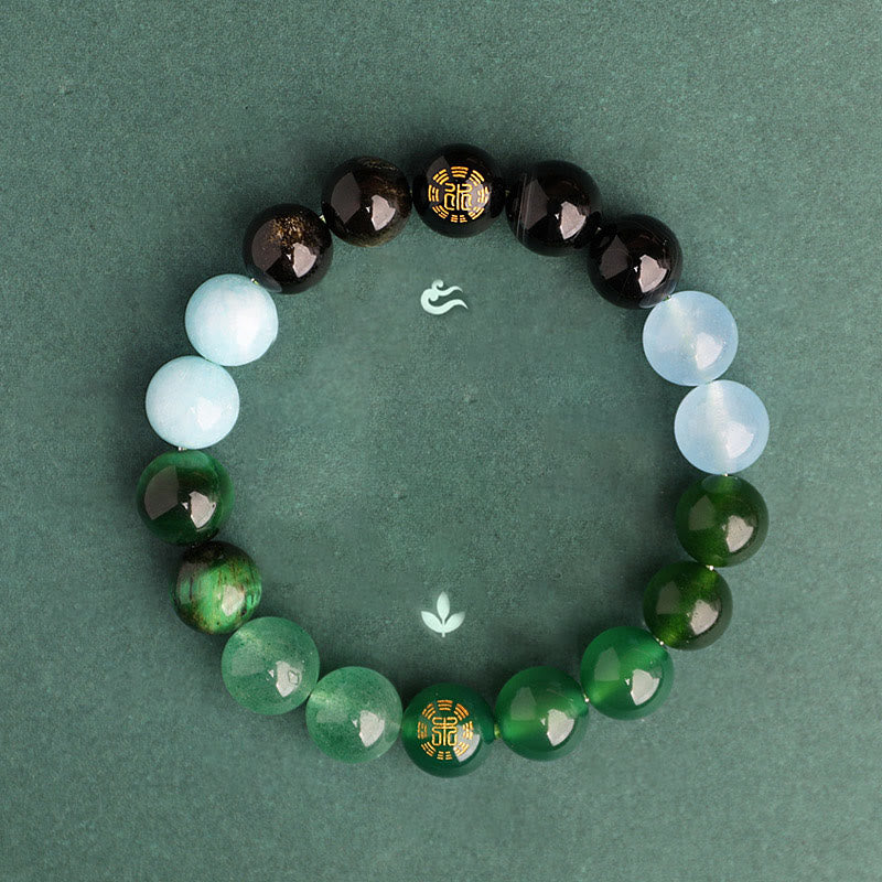 Buddha Stones Bransoletka mądrości z pięciu elementów z różnokolorowego agatu, czarnego onyksu i zielonego chalcedonu z akwamarynem - image 1